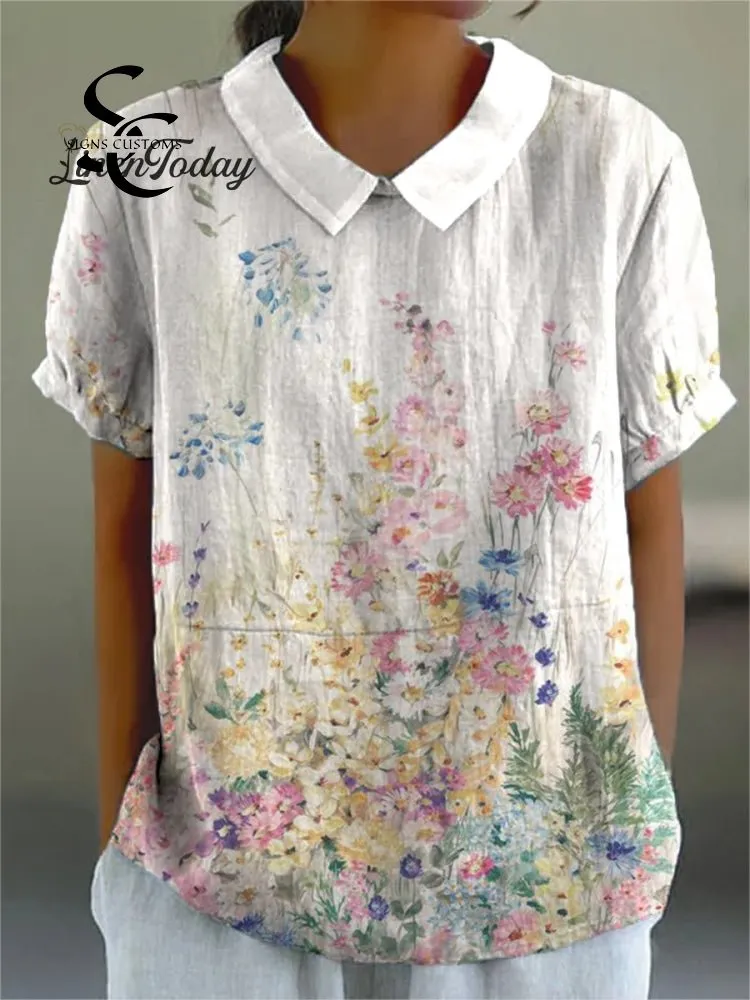 Women's Vintage Botanical Floral Art Print Casual Cotton And Linen Shirt