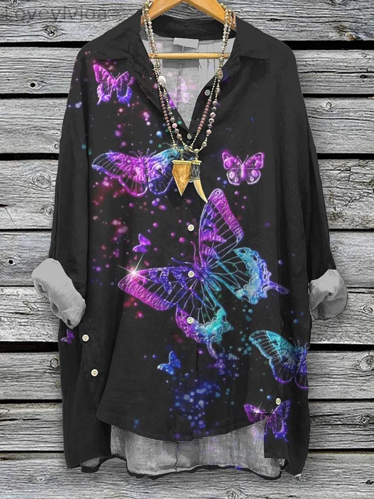 Women's Vintage Gradient Butterfly Print Casual Cotton And Linen Shirt