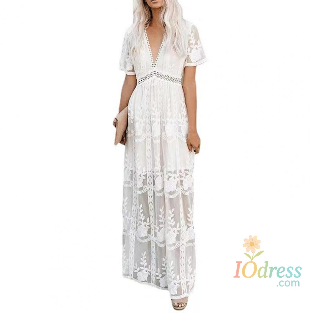 IO Dress Summer Boho Women Maxi Dress Loose Embroidery White Lace long Tunic Beach Dress Vacation dresses for women 2022 evening dresses IO Dress