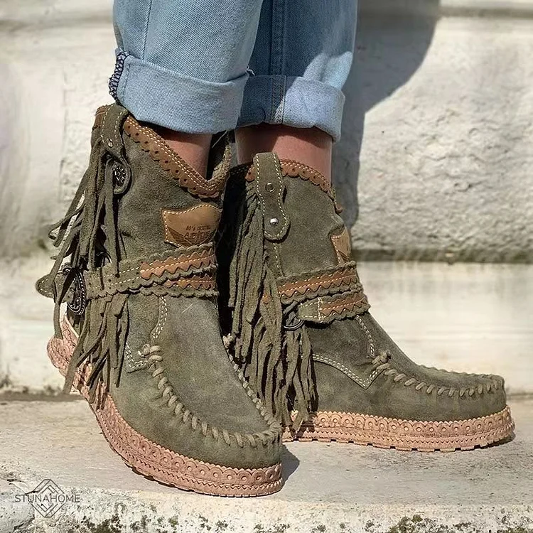 Women's Retro Leather Round-toe Flat Heel Tassel Boots  Stunahome.com