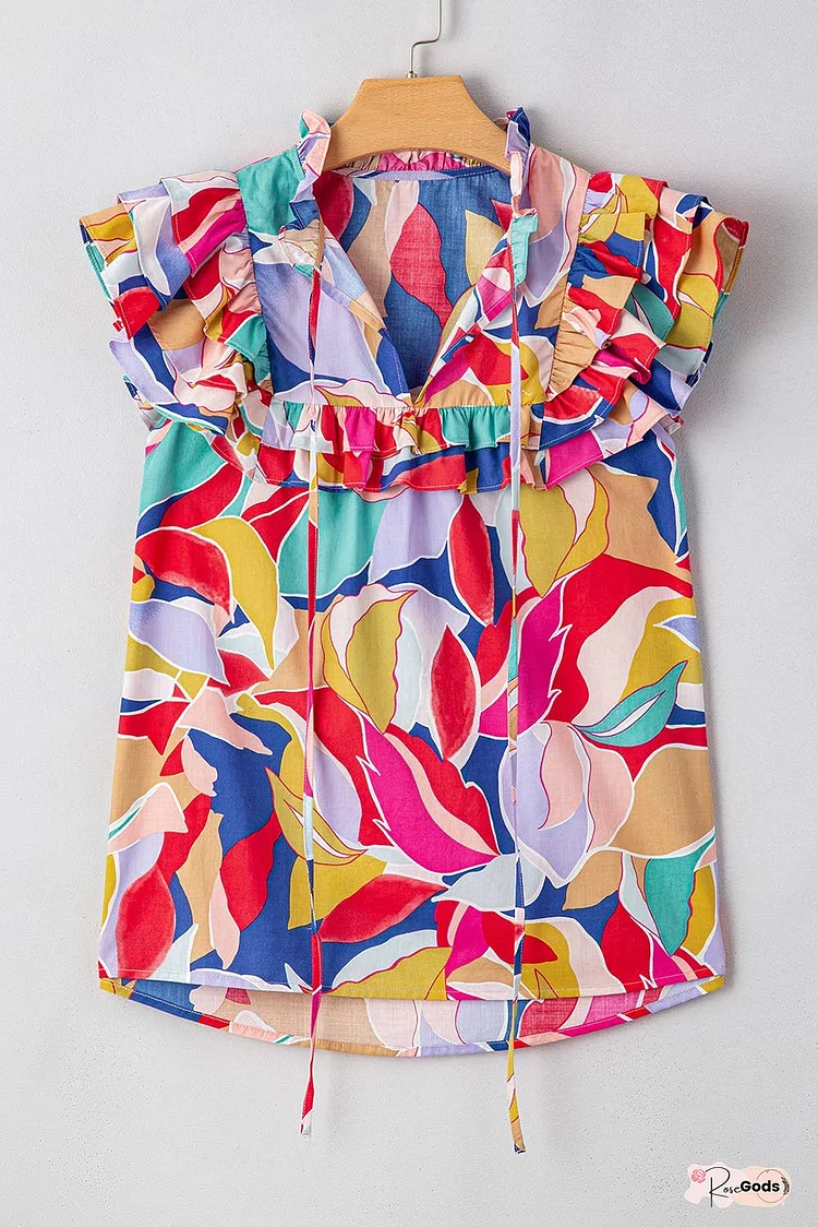 Abstract Ruffled Flutter Sleeve Tied Split V Neck Blouse