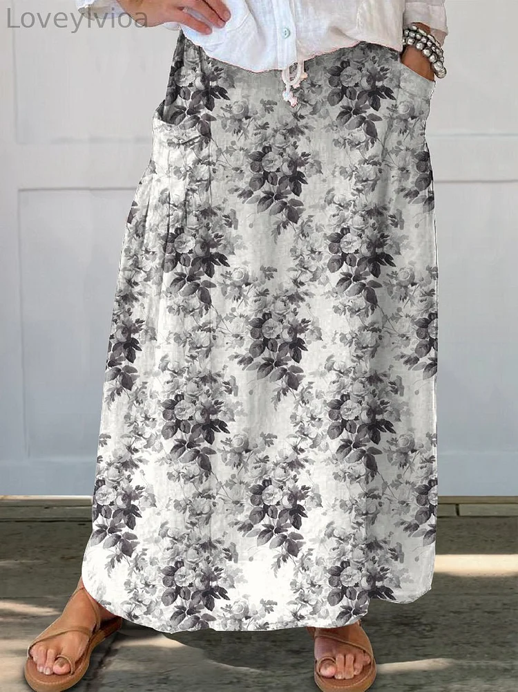 Women's Flowers Casual Print Linen Pocket Skirt