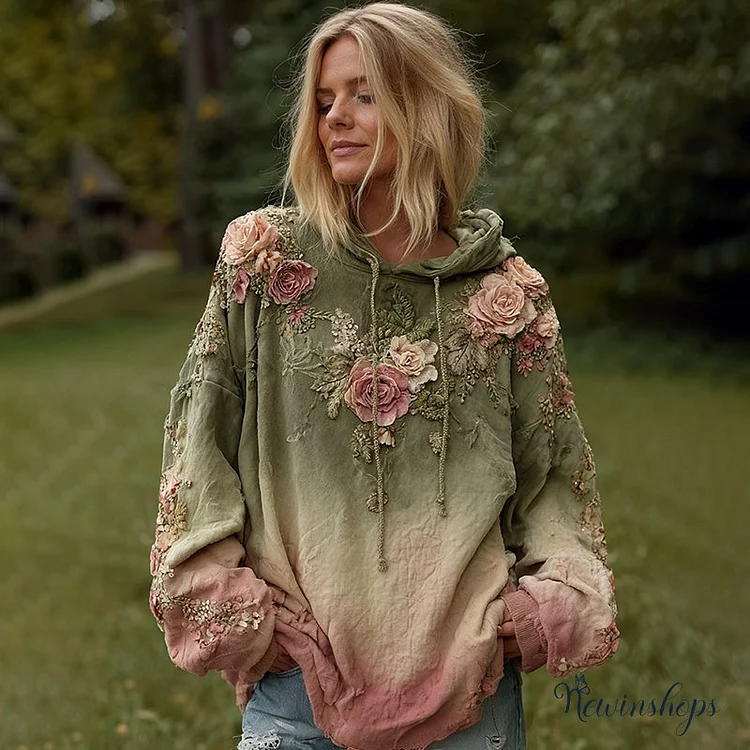 Vintage Rose Floral Gradient Comfortable Warm Hoodie