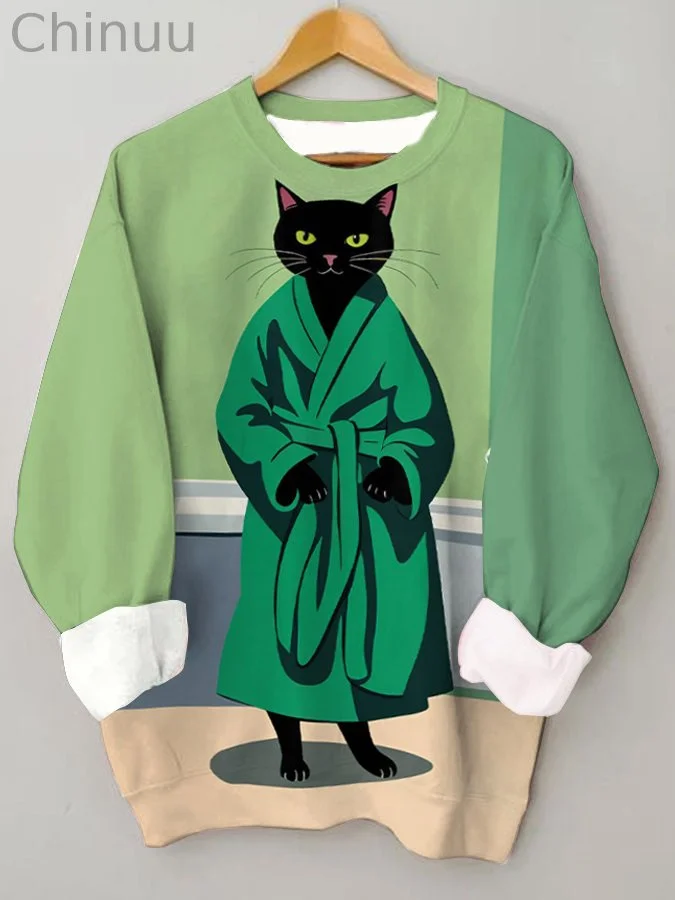 Cute Bathrobe Cat Crew Neck Sweatshirt