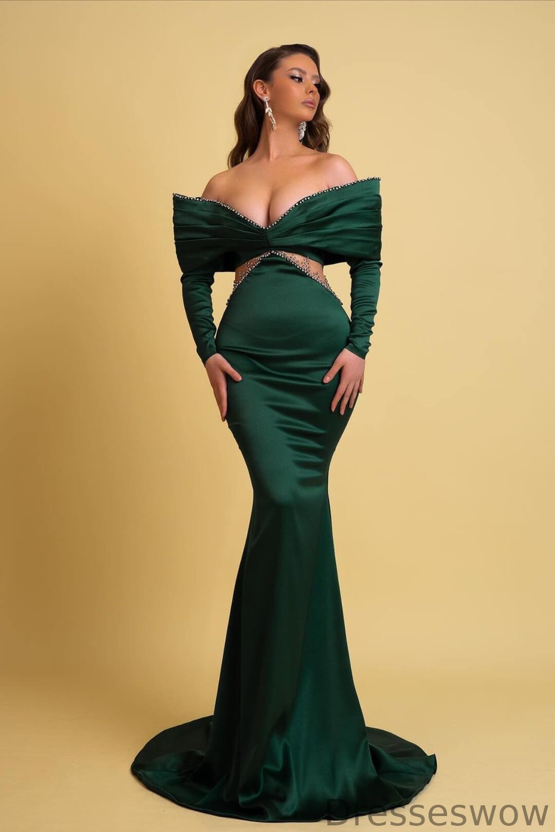 Dresseswow Dark Green Off-the-shoulder Long Sleeves Mermaid Party Prom Dresses With Beads