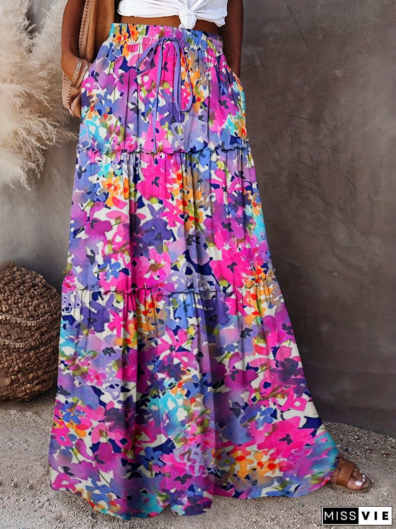 1pc Women&lsquo;s Spring/Summer 2024 Floral Print Ruffle Hem Long Skirt, Casual Polyester Woven Pants with Frill Detail, Polyester, Vibrant Colors