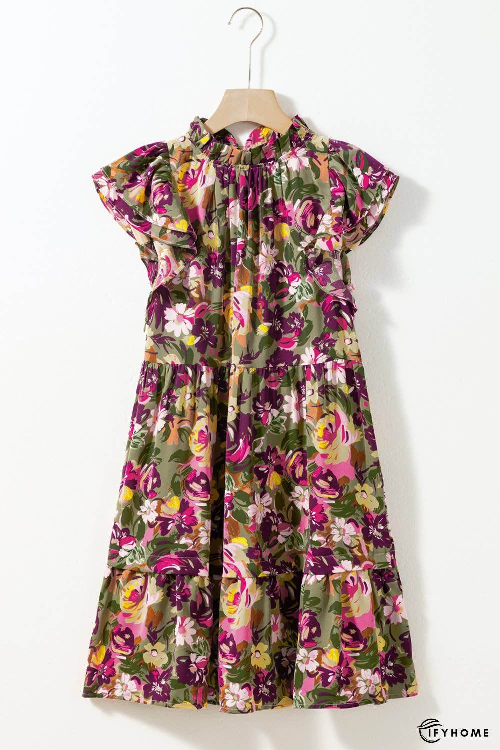 Floral Print Ruched Flutter Sleeve Frilled Neck Mini Dress | IFYHOME