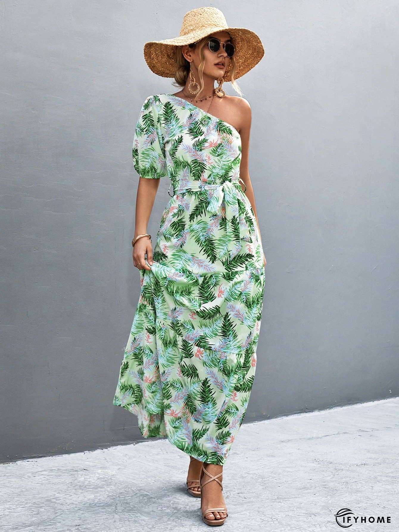 Printed Tie Waist One Shoulder Maxi Dress | IFYHOME
