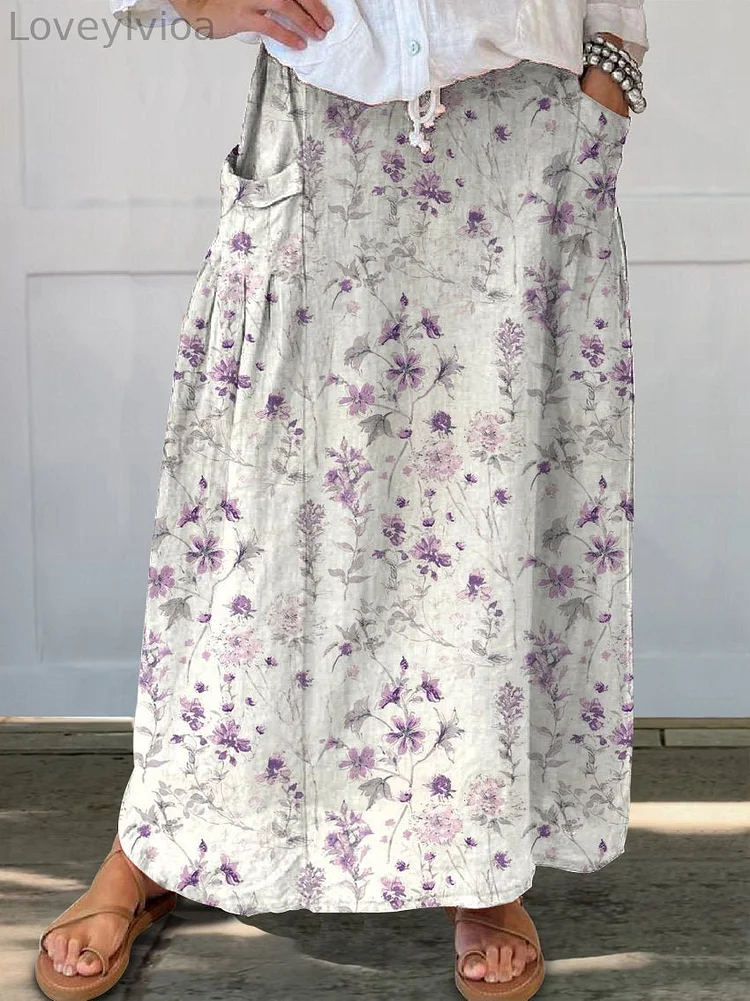 Women's Vintage Floral Art Linen Pocket Skirt