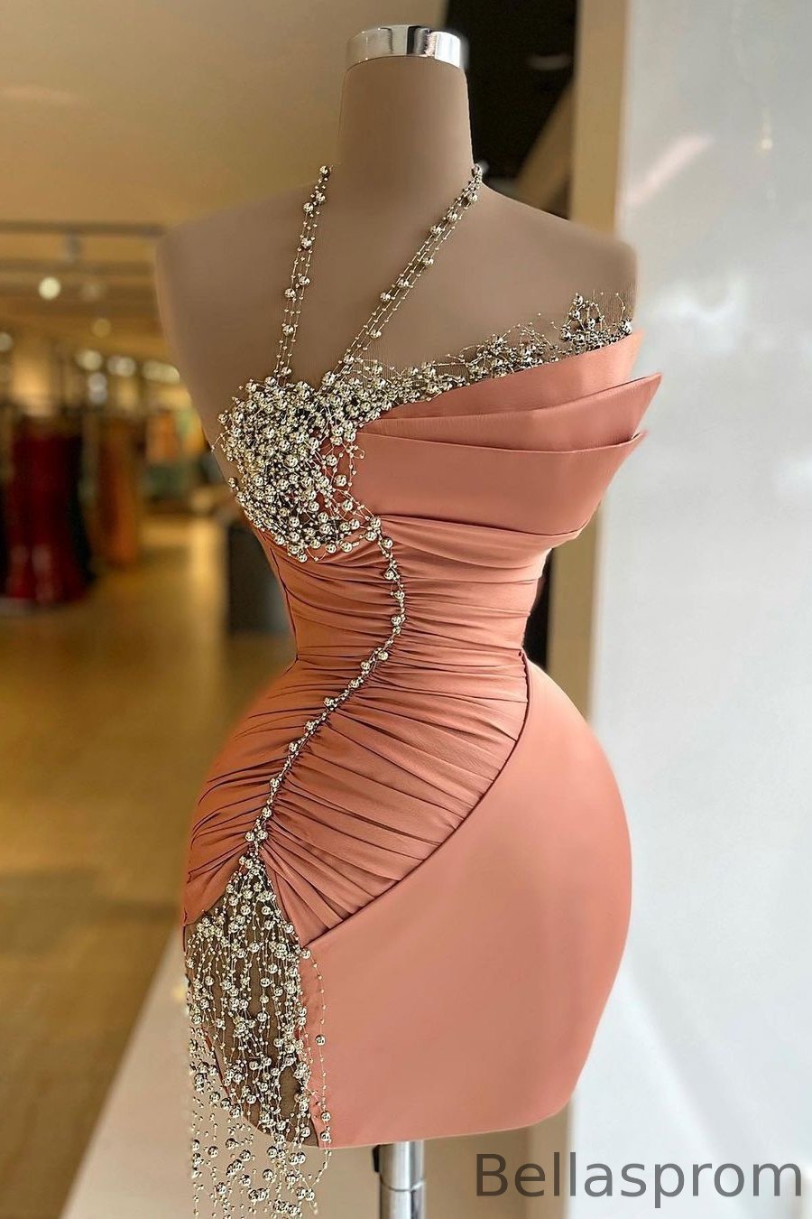 Bellasprom Light Coral Halter Sleeveless Short Prom Dress With Beadings Online Bellasprom