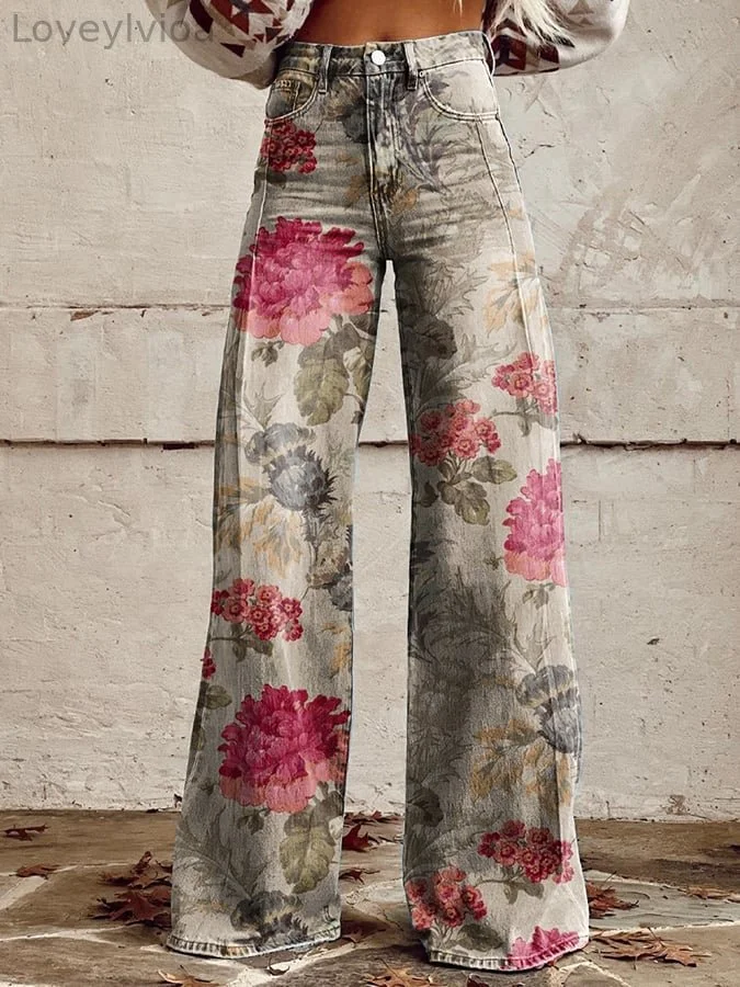 Women's Vintage Botanical Floral Wide Leg Pants