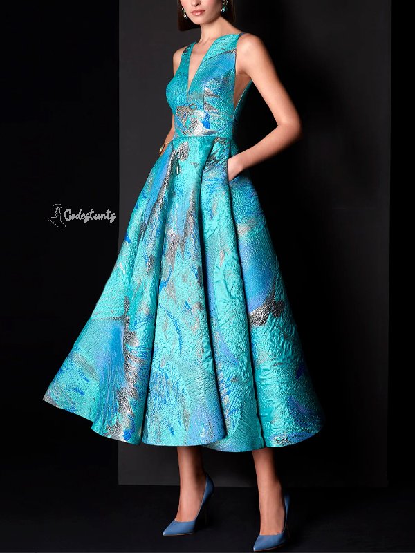 V-neck Sleeveless Print Midi Dress