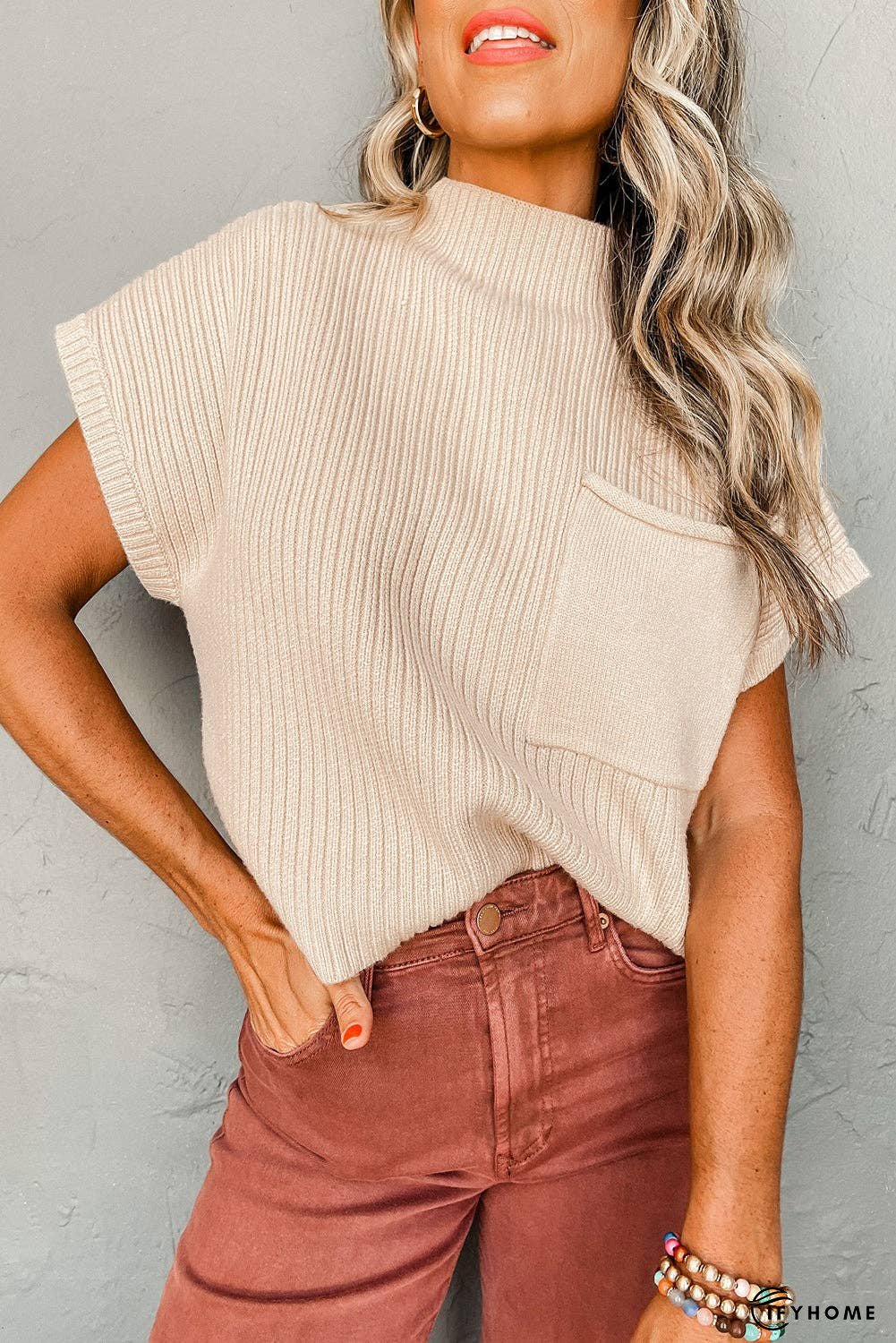 Oatmeal Patch Pocket Ribbed Knit Short Sleeve Sweater | IFYHOME
