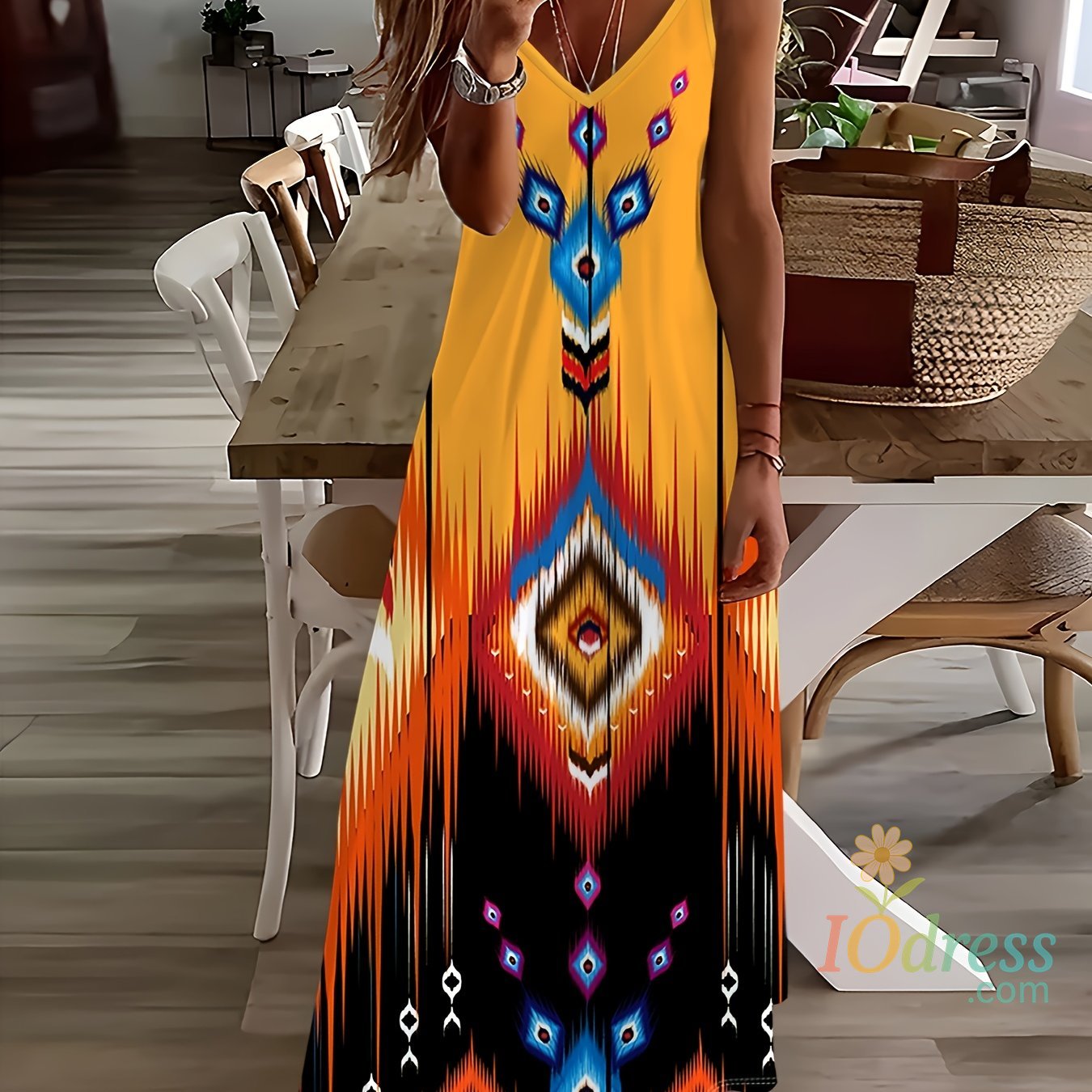 IO Dress Retro Fishing Net Print Beach Vacation Casual Suspender Dress Fashionable Casual Sleeveless Loose Suspender Ankle Length Dress IO Dress