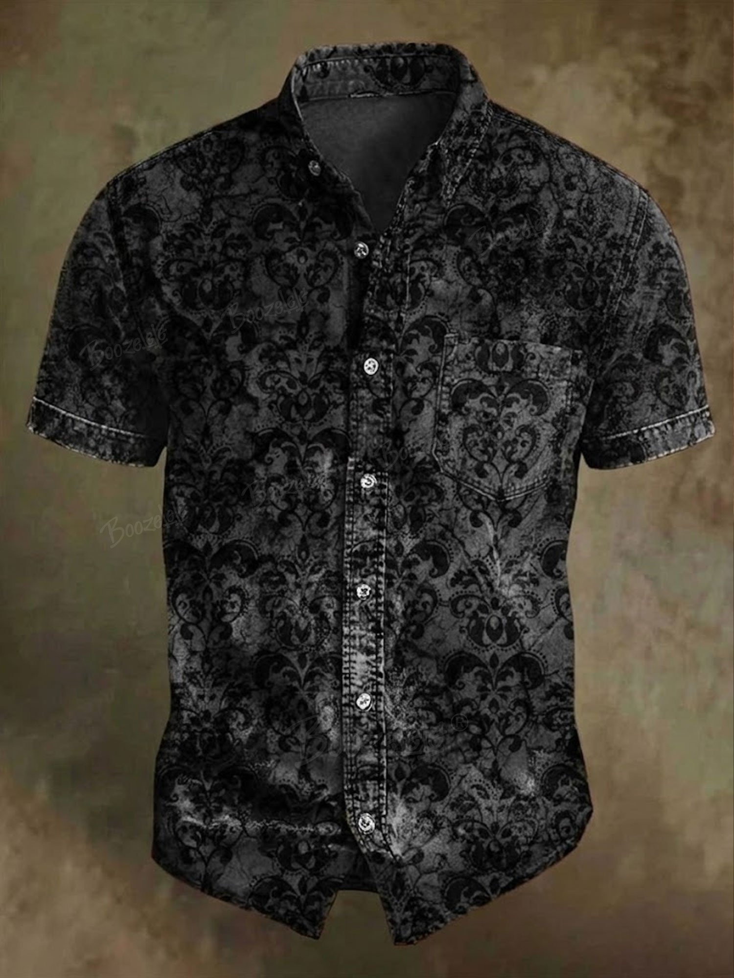 Men's Vintage Western Black Damask Print Short Sleeve Shirt Retro Gothic Button Down Pocket Shirt- 100% Cotton Shirt