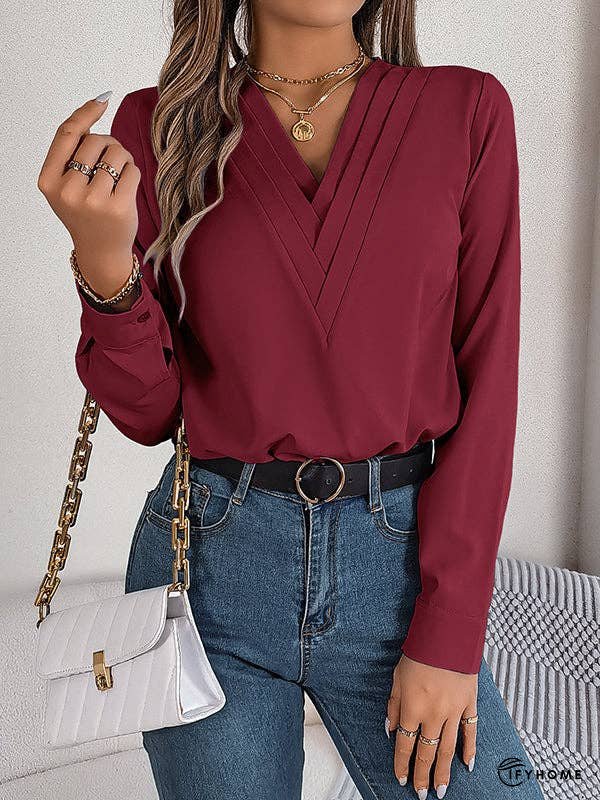 Long Sleeves Loose Pleated Solid Color Split-Joint V-Neck T-Shirts Tops | IFYHOME