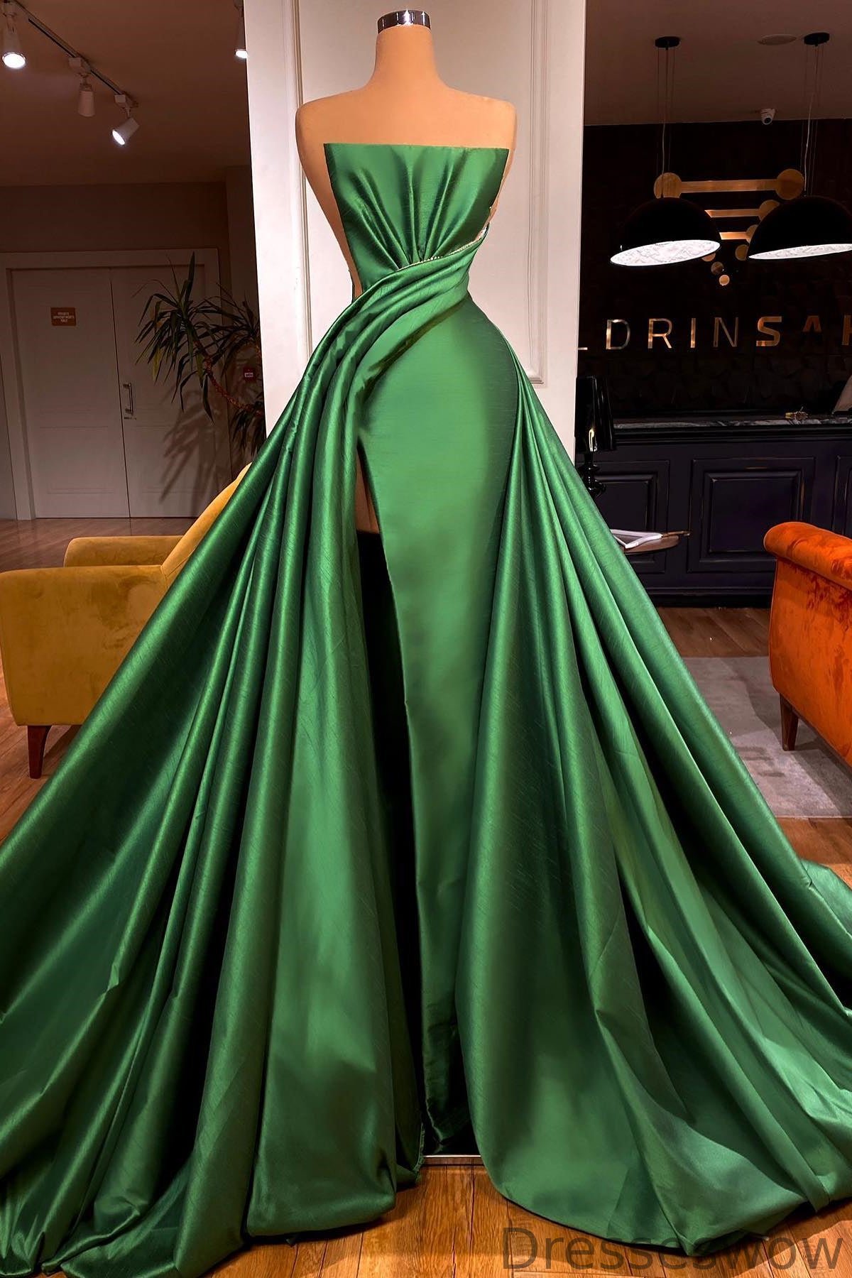 Dresseswow Emerald Green Strapless Sleeveless Prom Dress Beadings With Split