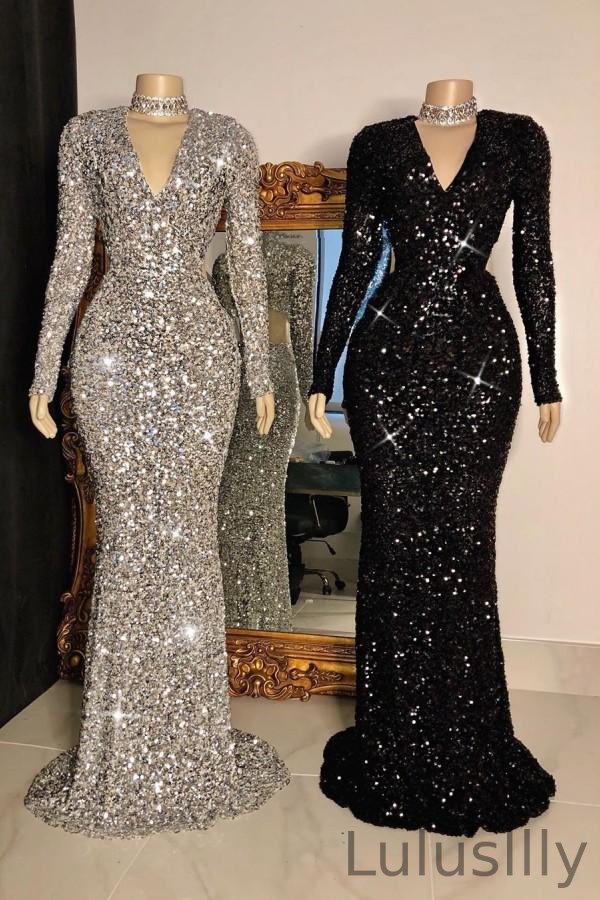 Glittering Long Sleeves Sequins Mermaid Prom Dress V-Neck - lulusllly