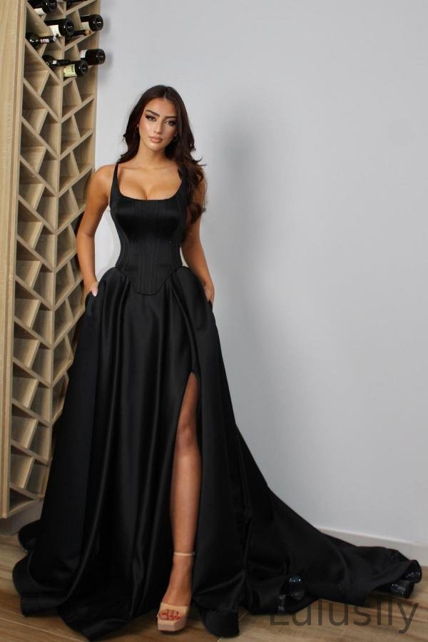 Luluslly Black A-Line Prom Dress With Split Pockets On Sale