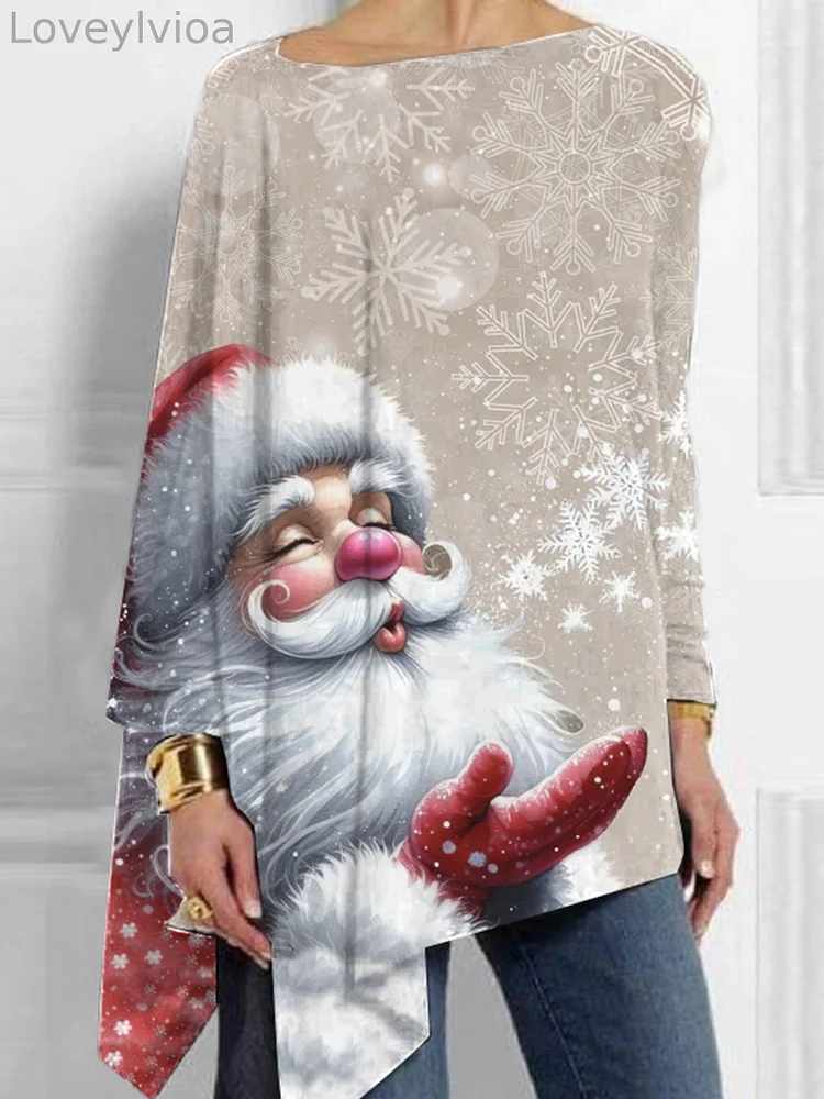 Christmas Santa Snowflake Print Mid-Length Irregular Tops