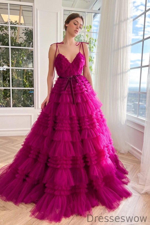 Dresseswow Hot Pink Spaghetti-Straps V-Neck Prom Dress Layered Tulle Sleeveless