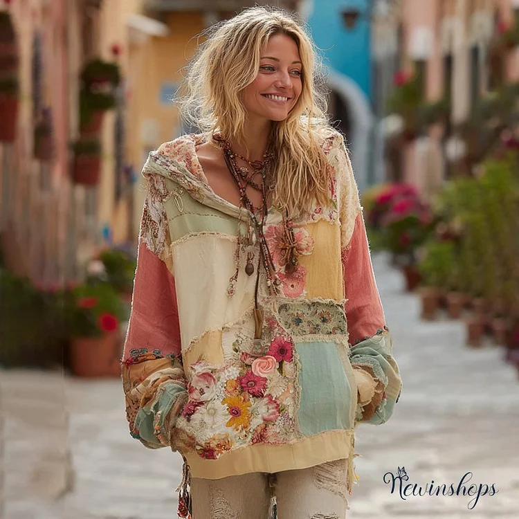 Women's Bohemian Floral And Rose Patchwork Cozy Warm Hoodie