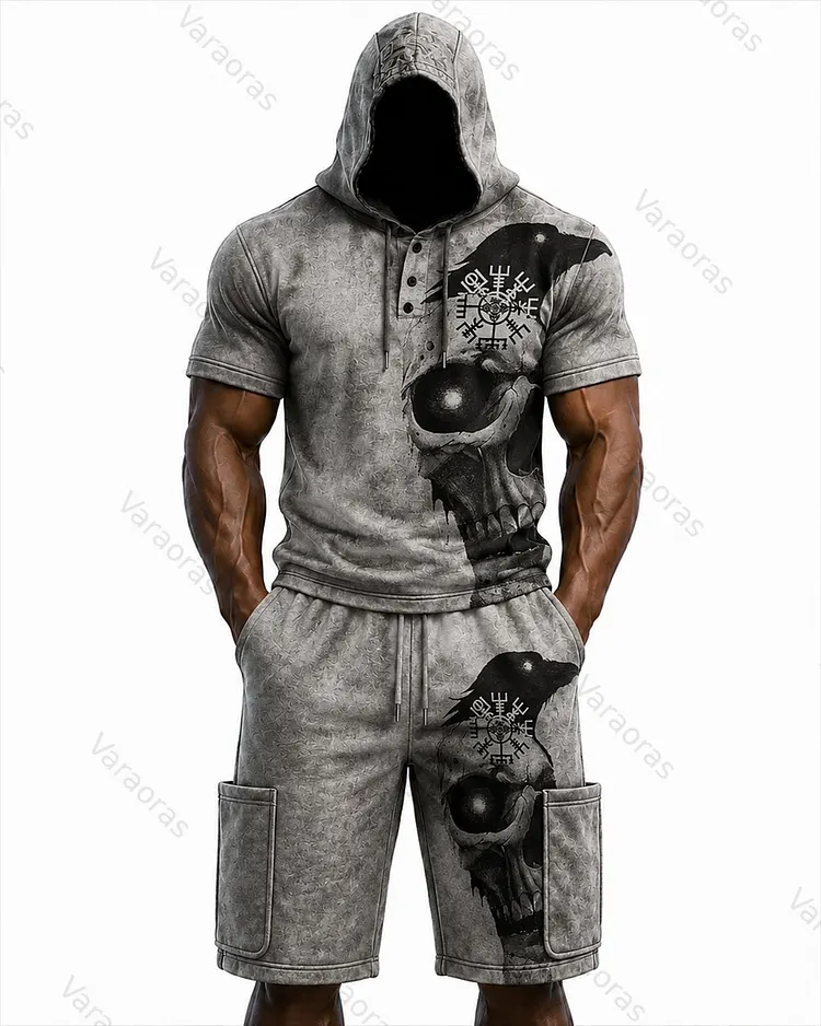 Men's Viking Color-Block Embroidered Hooded Short-Sleeved Top and Shorts Set 1764