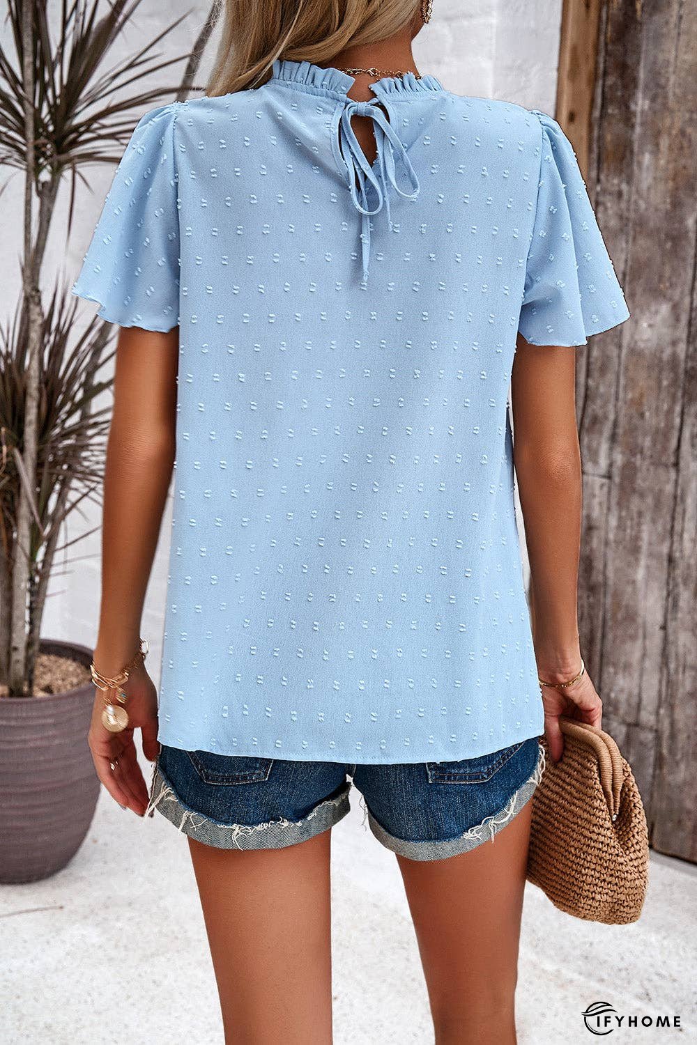 Swiss Dot Smocked Round Neck Short Sleeve Blouse | IFYHOME