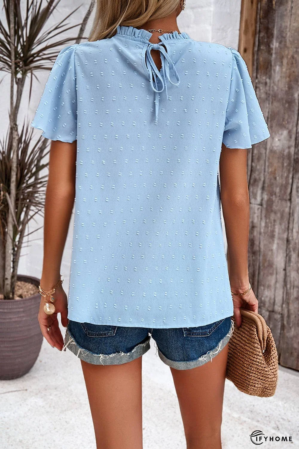 Swiss Dot Smocked Round Neck Short Sleeve Blouse | IFYHOME