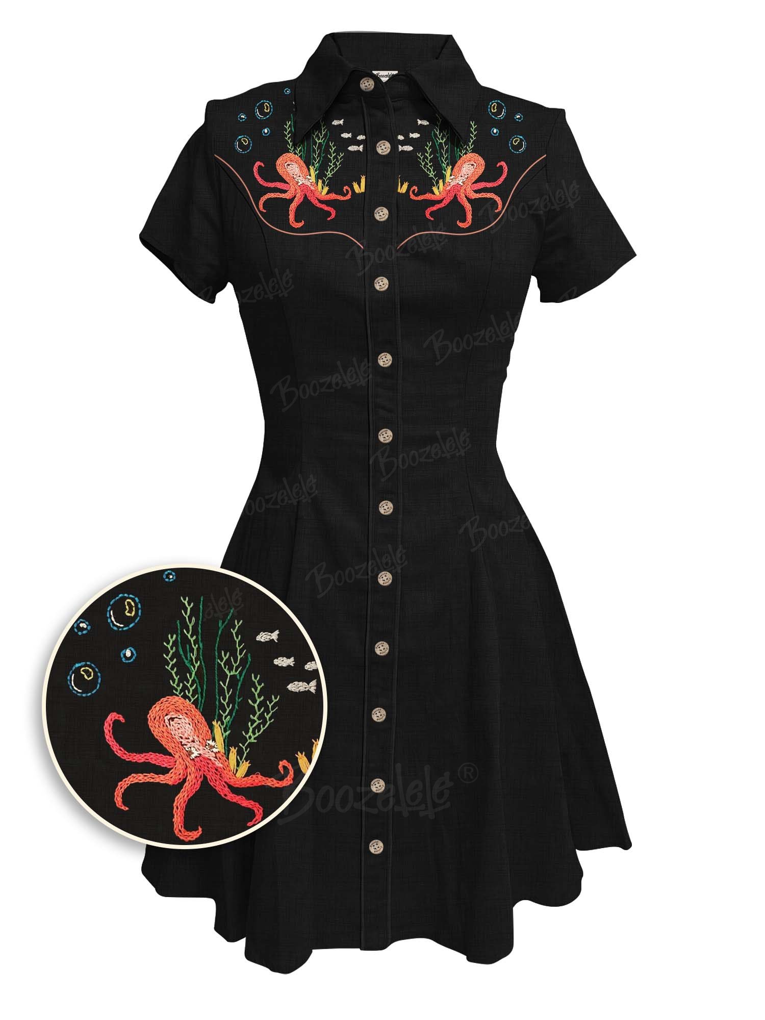 【Embroidery】Octopus And Water Plants  - 100% Cotton Dress