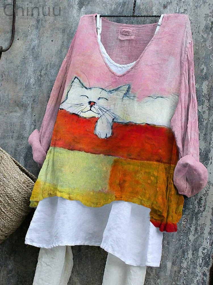 Lovely Sleeping Cat Colorblock Flowy Tunic