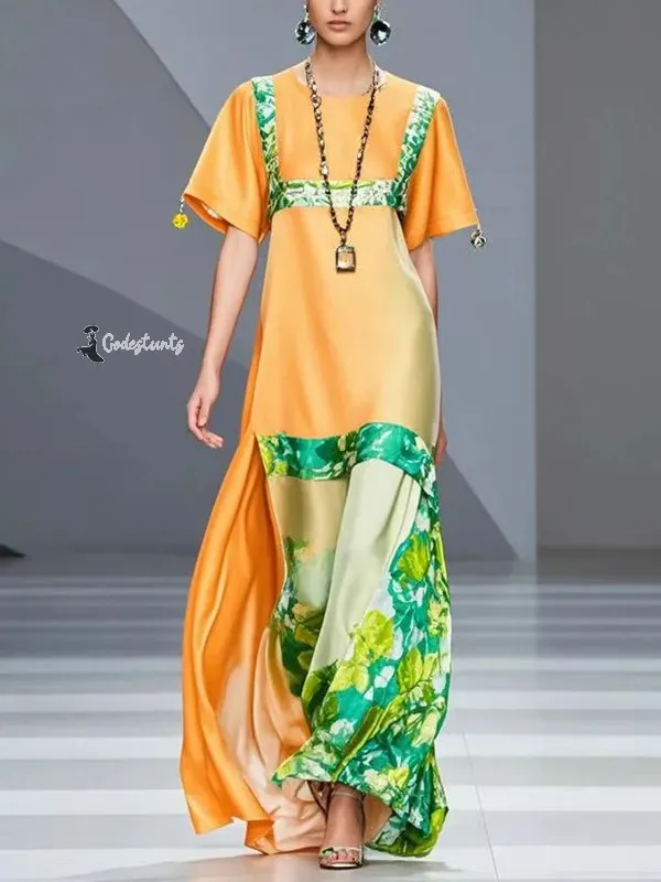Orange Printed Fitted Silk Robe Dress