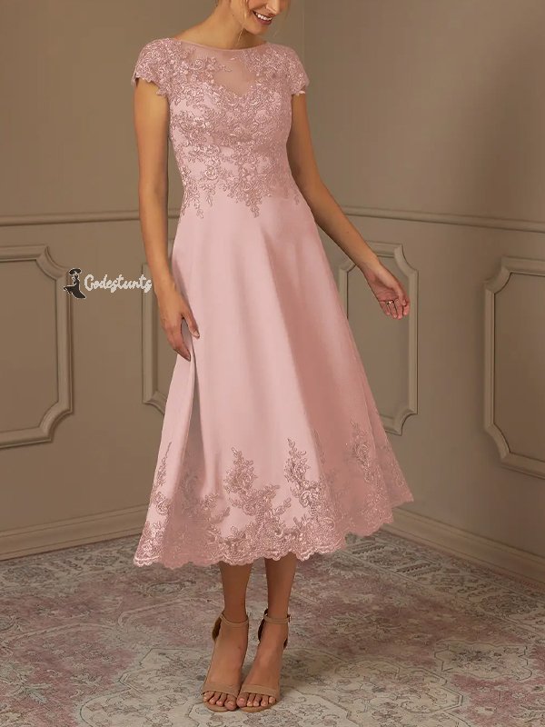 Round Neck Lace Short Sleeve Solid Color Midi Dress