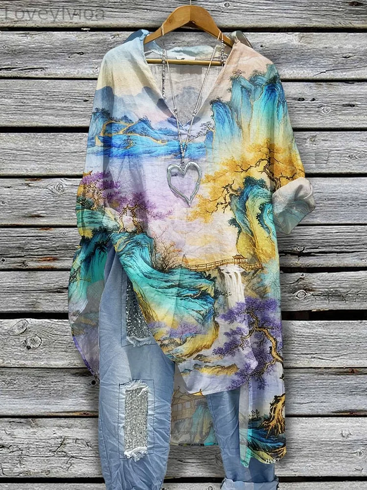 Chinese Landscape Painting Pattern Print Casual Cotton And Linen Shirtdress