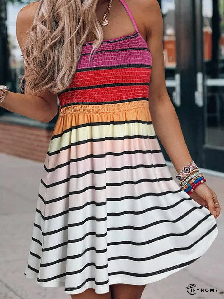 Smocked Sleeveless Striped Mini Dress | IFYHOME