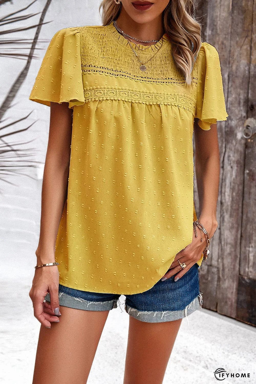 Swiss Dot Smocked Round Neck Short Sleeve Blouse | IFYHOME