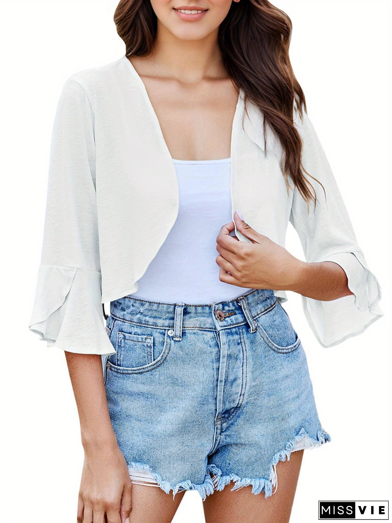 Women's Lightweight 3/4 Sleeve Cropped Cardigan - Open Front Bolero Shrug, Black Polyester Knit, Ruffle Detail, Machine Washable, Spring/Summer/Fall Elegant Style, Autumn Outerwear | Stylish Knitwear | Glossy Texture, Lightweight Cardigan, TOOLUCK