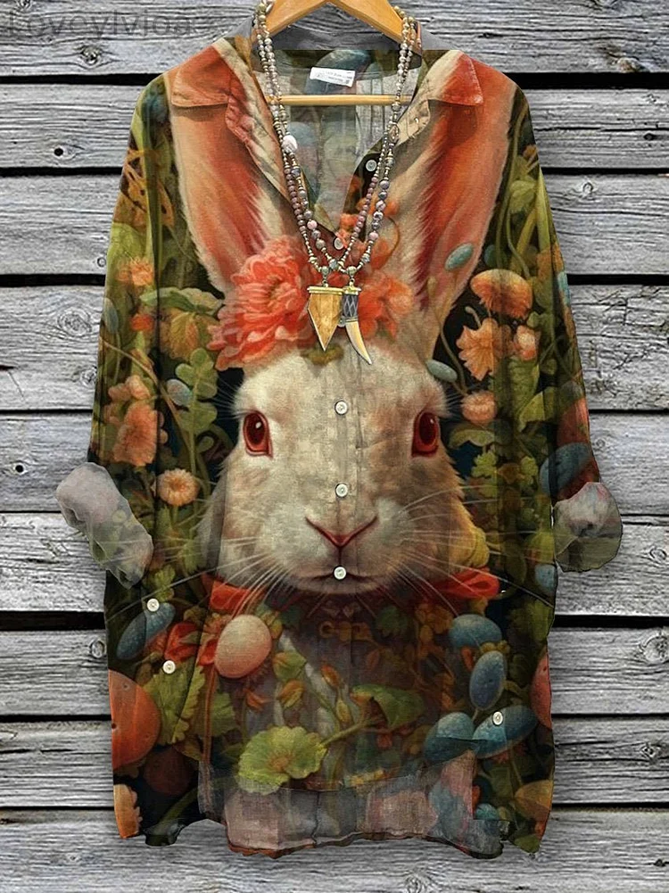 Bunny In The Floral Garden Art Printed Women's Casual Cotton And Linen Shirt