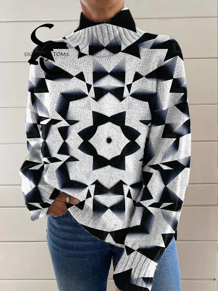 Women's Art Abstract Geometry Print Knit Turtleneck Pullover Sweater