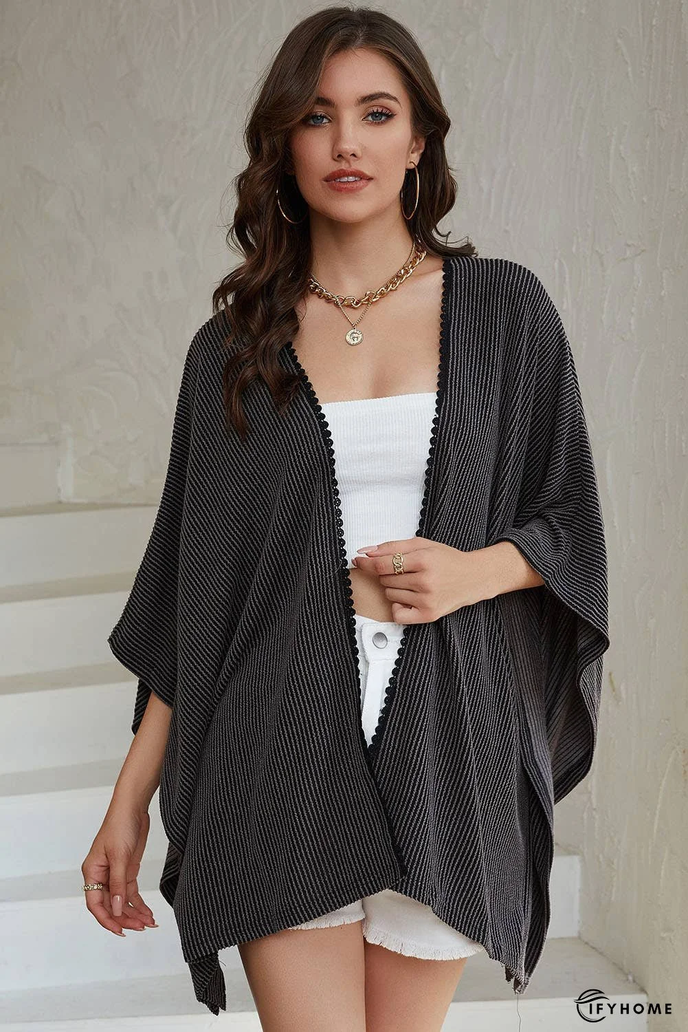 Lace Trim Ribbed Oversize Kimono | IFYHOME