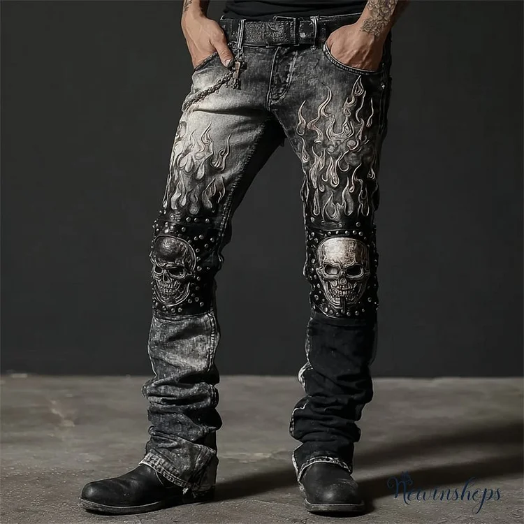 Men's Skulls Flame Contrast Patchwork Rock Studded Washed Jeans