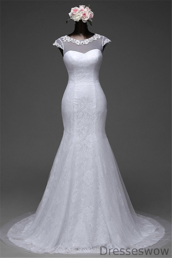 Dresseswow Jewel Lace Long Mermaid Wedding Dresses With Overskirt