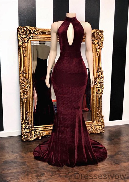 Dresseswow High Neck Burgundy Keyhole Prom Dress Mermaid Velvet