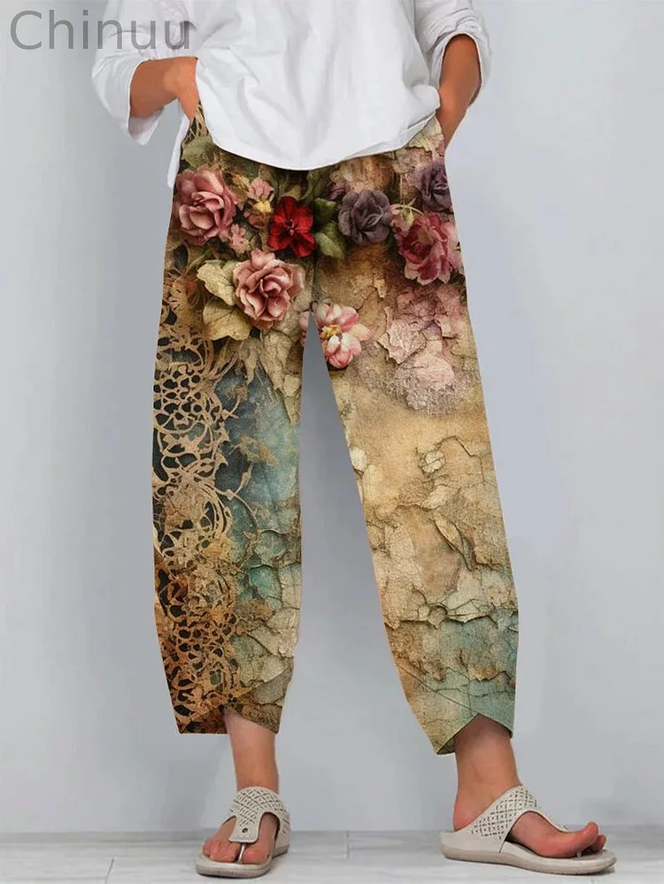 Retro Floral Print Cropped Casual Pants