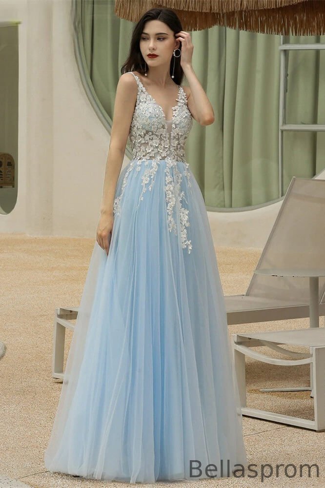 Bellasprom Sky Blue V-Neck Prom Dress Tulle Long With Appliques Bellasprom
