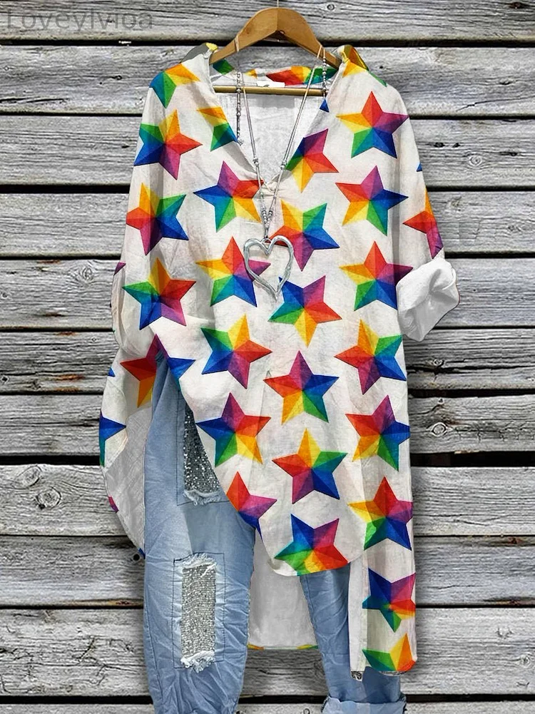Women's Vintage Rainbow Star Pattern Print Casual Cotton And Linen Shirtdress