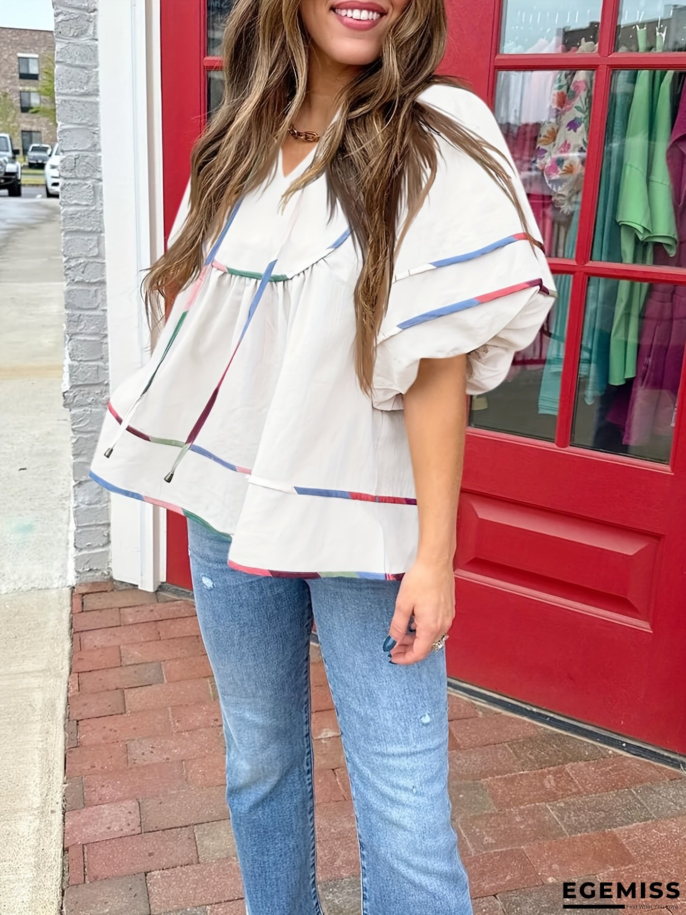 Women&lsquo;s Summer V-Neck Babydoll Top with Puff Sleeve & A-Line Silhouette - Lightweight Breathable Loose Fit Peplum Blouse, Short Lantern Sleeves & Flared Hem, Pastel Color Block Trim for Beach, Casual, Semi-Formal Outfits - Easy-Care Women&lsquo;s Fashion Shirt | EGEMISS