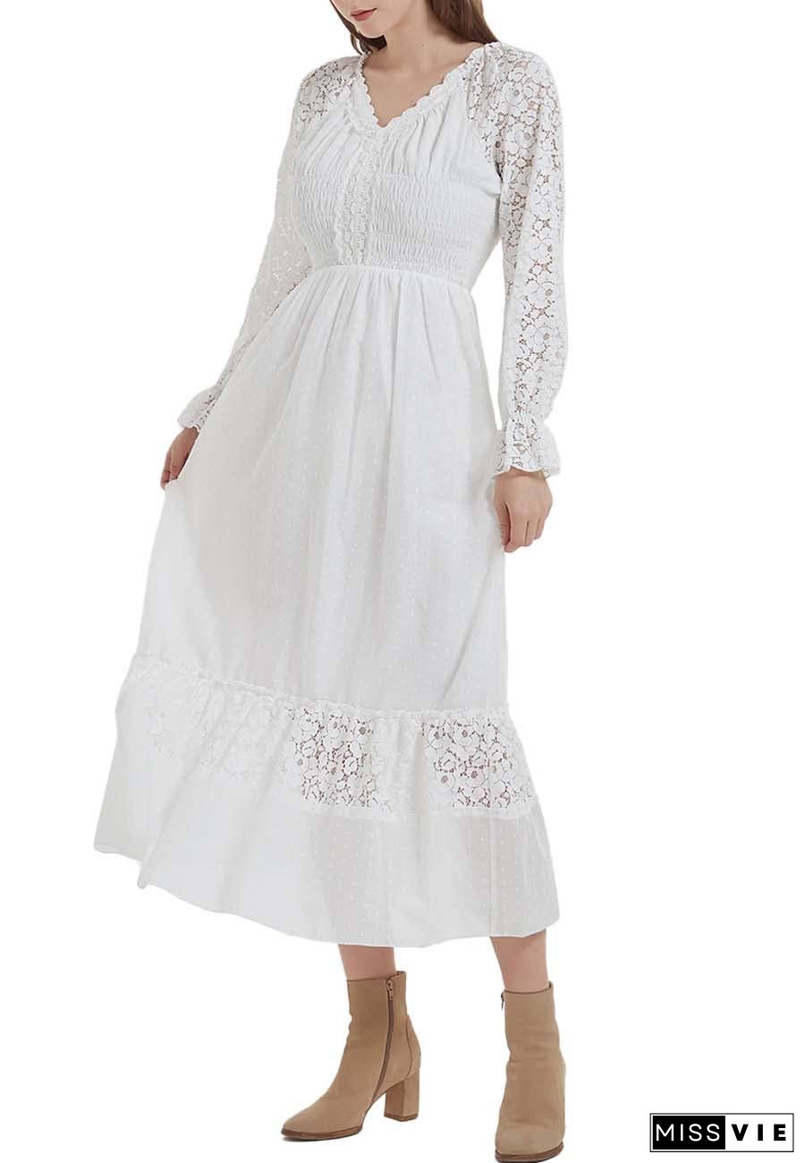 Womens Lace Long Sleeve V Neck Fall Maxi Dress