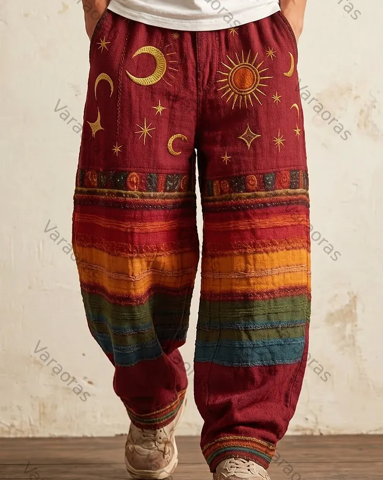 Men's Summer Fashion Rainbow-Colored Star and Moon Embroidered Linen Pants  6940