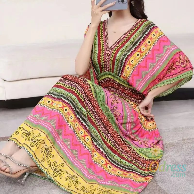 IO Dress Casual Elegant Retro Bohemian National Style V-neck Elastic  Waist Large Swing Printed Summer Long Skirt Woman Dress Clothes IO Dress